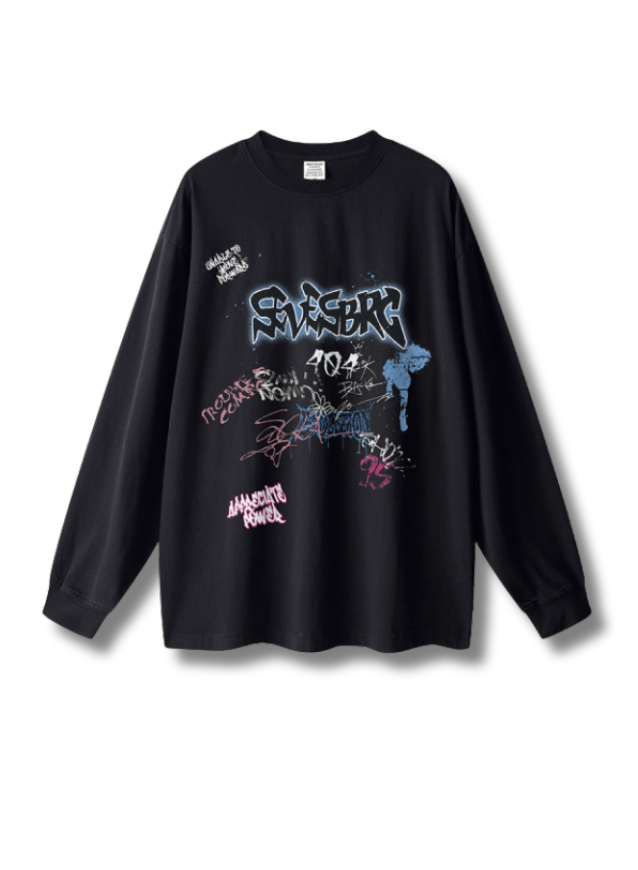 Black "404 Look Back" Long Sleeve T-Shirt featuring graffiti-style prints on the front. The design includes colorful, abstract text and images in blue, pink, and white, with "404" prominently displayed on the chest. The shirt has long sleeves and a relaxed fit, perfect for a streetwear look.