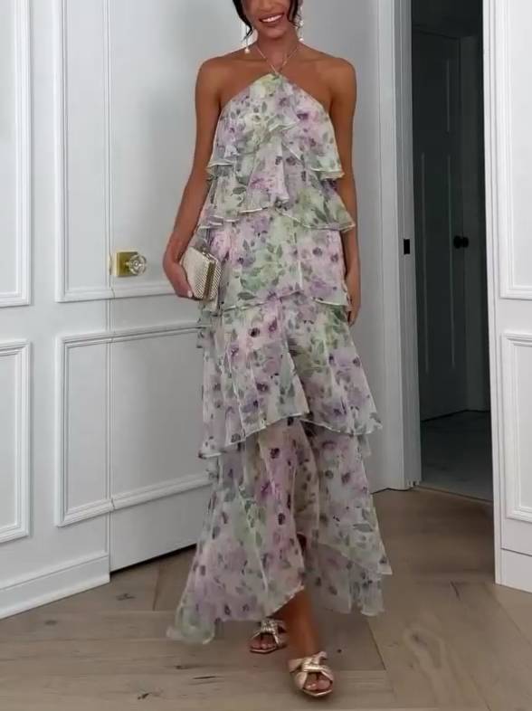 Halter Neck Multi-Layered Ruffle Floral Print Dress