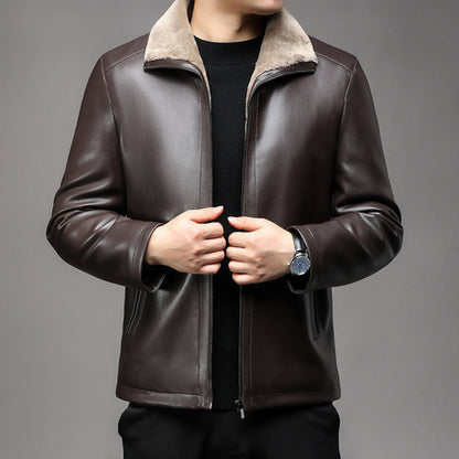 Old Money Thickened Fur Collar Leather Jacket