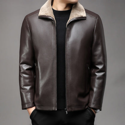 Old Money Thickened Fur Collar Leather Jacket