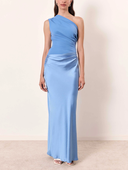 Elegant One Shoulder Pleated Maxi Party Dress