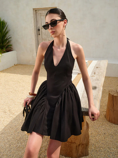 Timeless Noir Bow Tie Pleated Halter Dress
